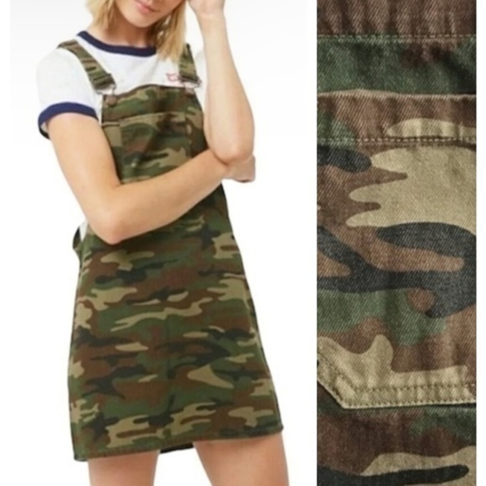 Forever 21 Green Brown Camouflage Denim Overalls Dress Small